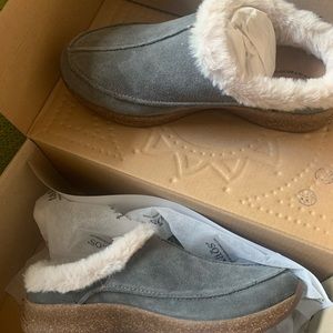 Taos gray, suede mules, never worn